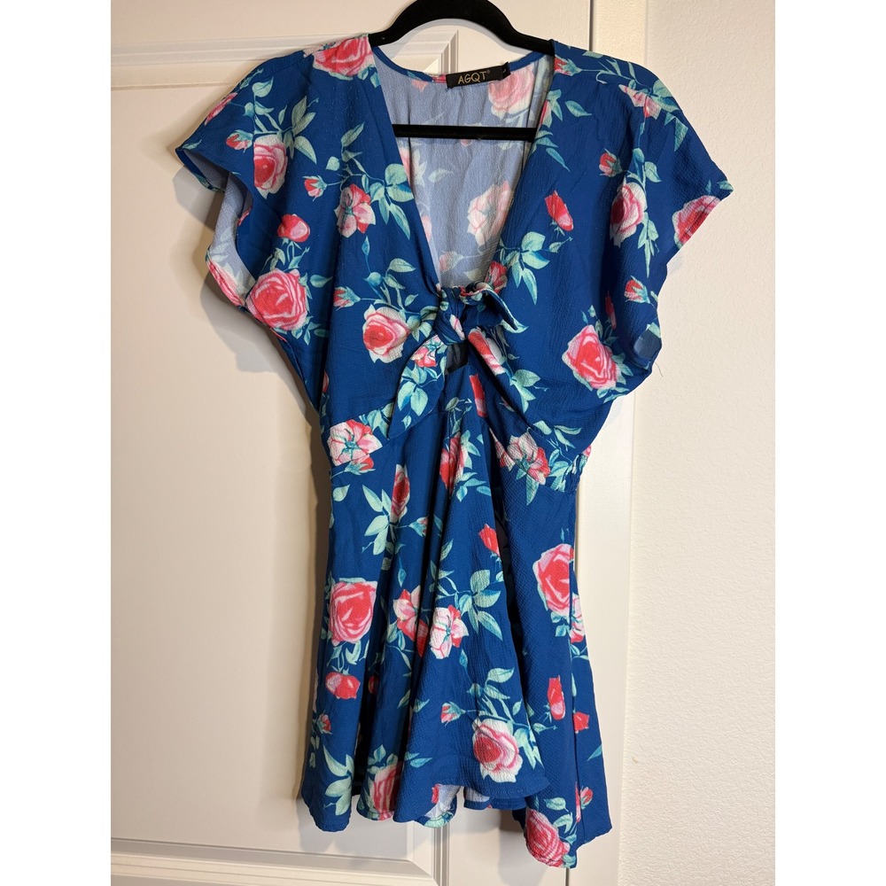 AGQT Blue Floral Tie Front Romper V-Neck Rose Print Flutter Sleeve Size L